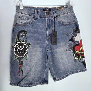 NWT Ed Hardy Skater Fit Chained Heart Jean Shorts Size 28